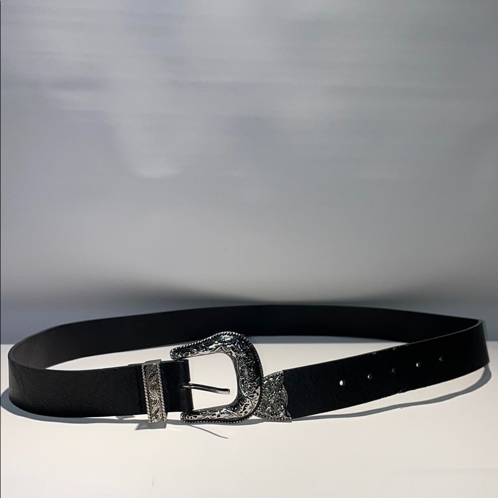 Men's Black faux Leather Belt with Silver colored metal Buckle